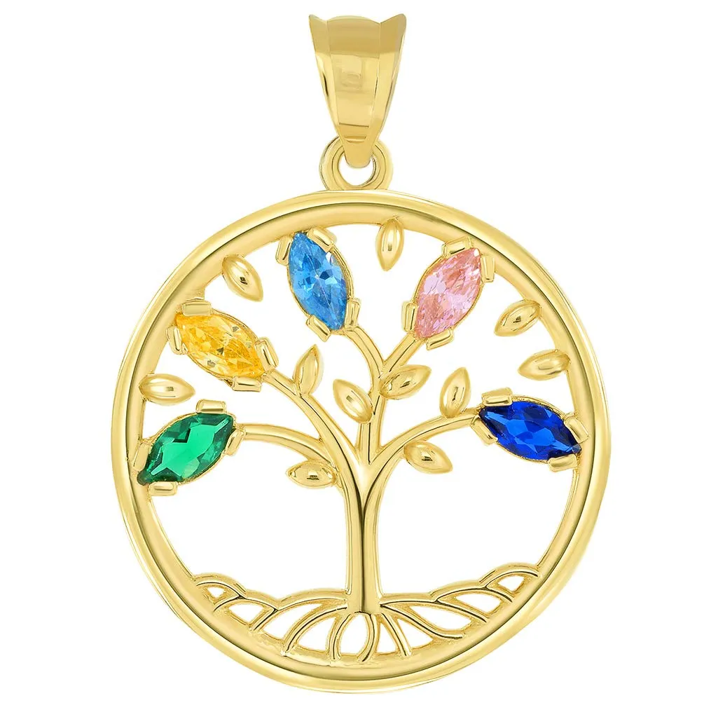 14k Gold Cubic Zirconia Round Elegant Tree of Life Medallion Pendant Necklace - Yellow Gold