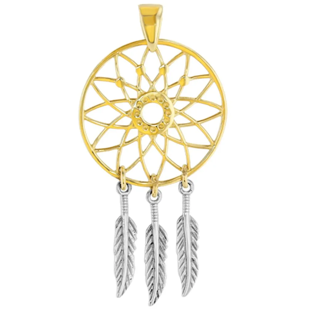 14K Gold Native American Dreamcatcher Charm Pendant with Figaro Necklace - Two-Tone Gold