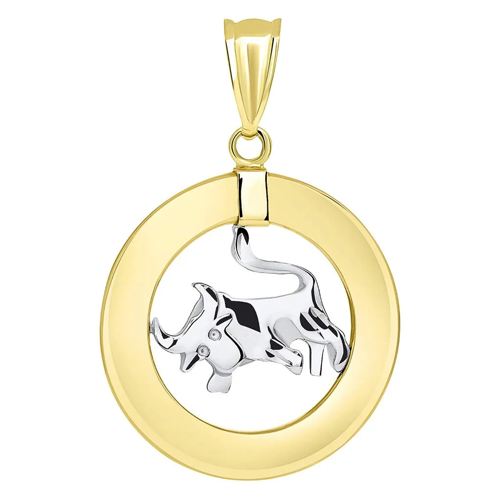 14k Gold Open Circle Taurus Zodiac Sign Pendant Cuban Necklace - Two-Tone Gold