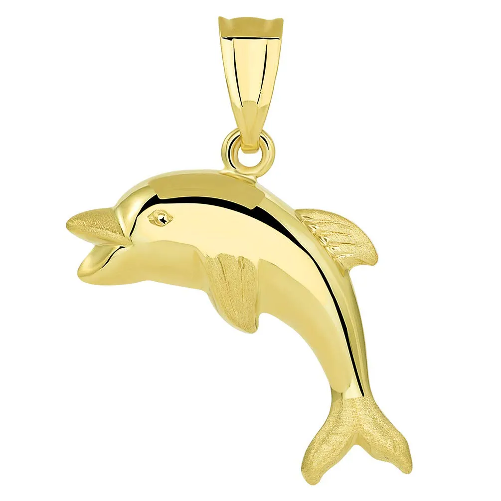 14k Gold Polished Smiling and Jumping 3D Dolphin Pendant Figaro Necklace - Yellow Gold