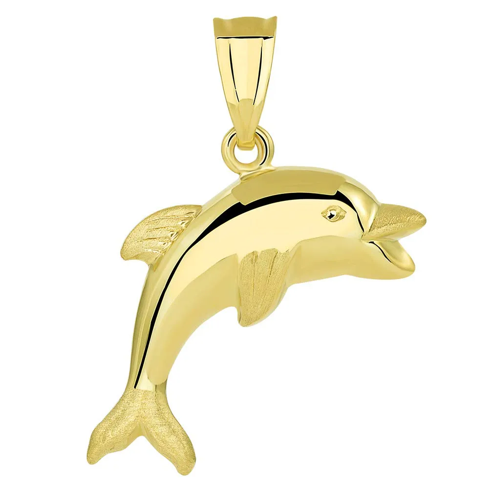 14k Gold Polished Smiling and Jumping 3D Dolphin Pendant Figaro Necklace - Yellow Gold