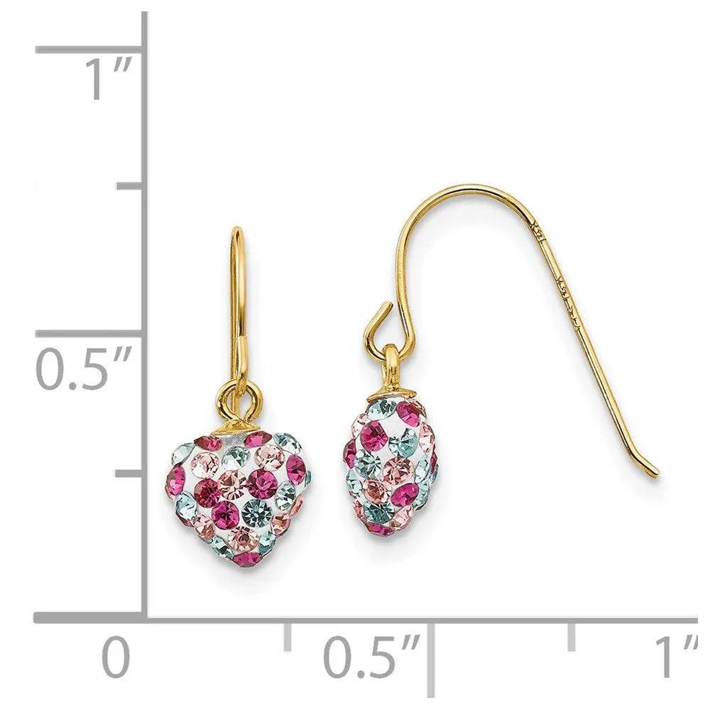14k Multi-colored Crystal Heart Dangle Earrings