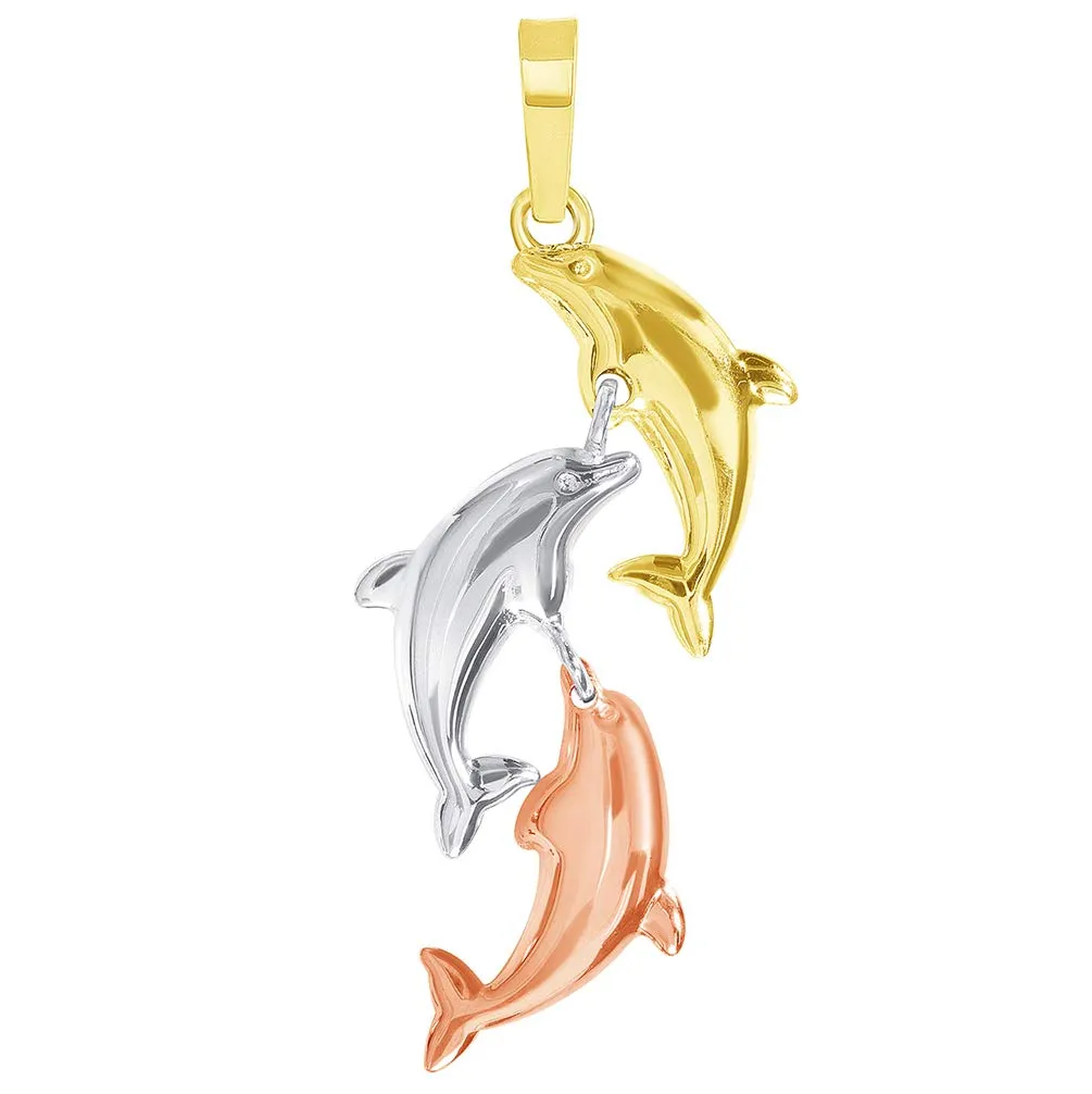 14k Tri-Color Gold Dangling Three Dolphins Jumping Up Pendant Necklace