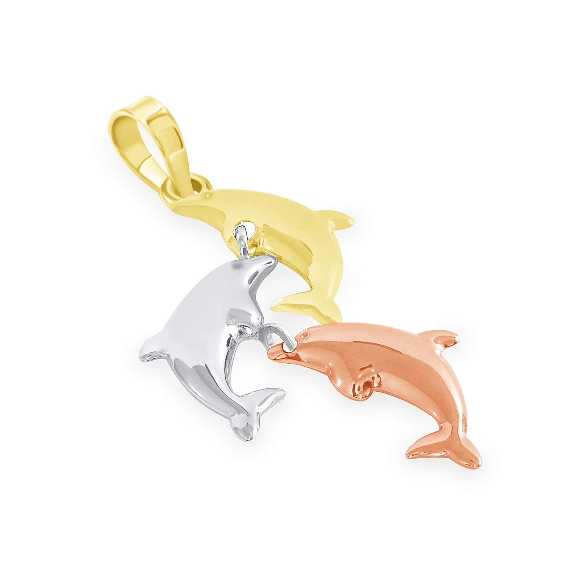 14k Tri-Color Gold Dangling Three Dolphins Jumping Up Pendant Necklace