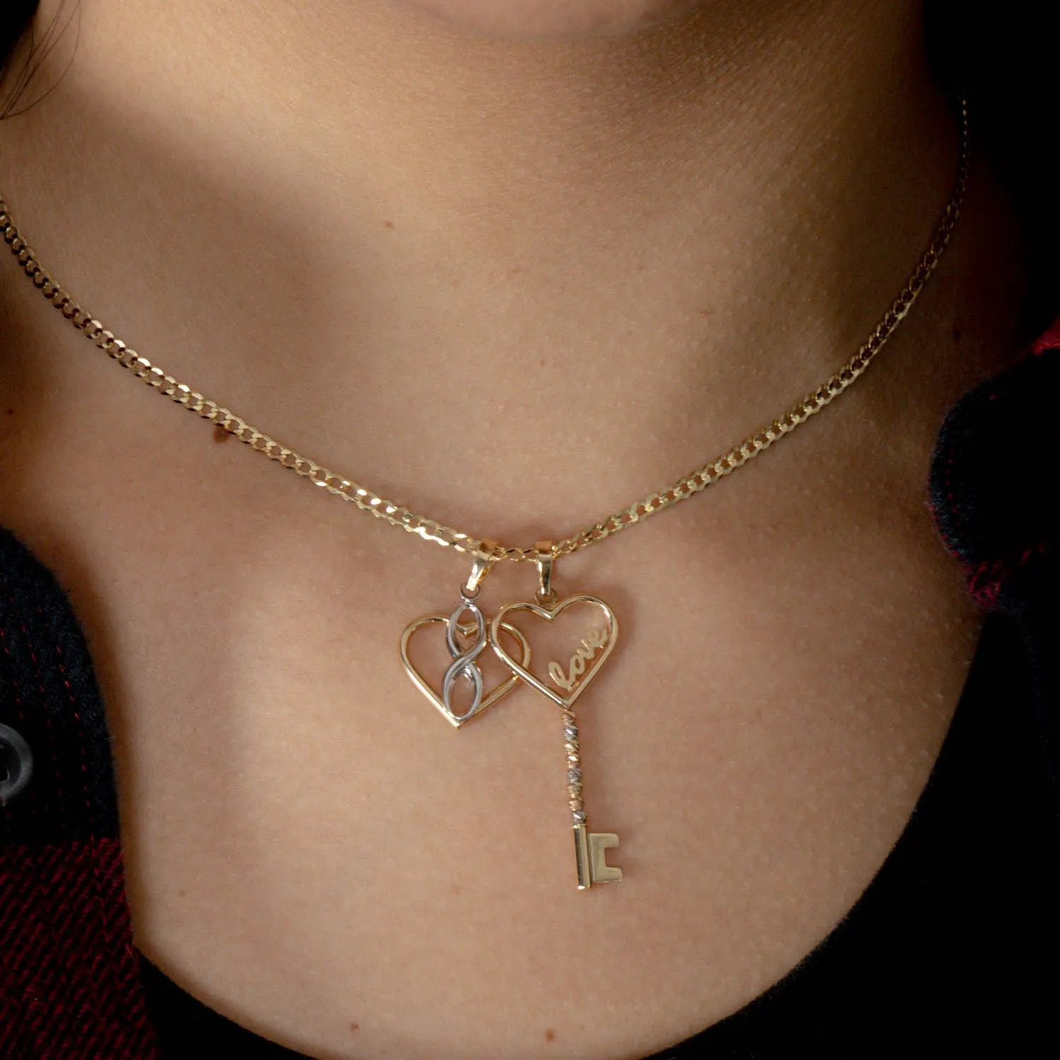 14k Tri-Color Gold Love Written Open Heart Beaded Key Pendant with Cuban Curb Chain Necklace