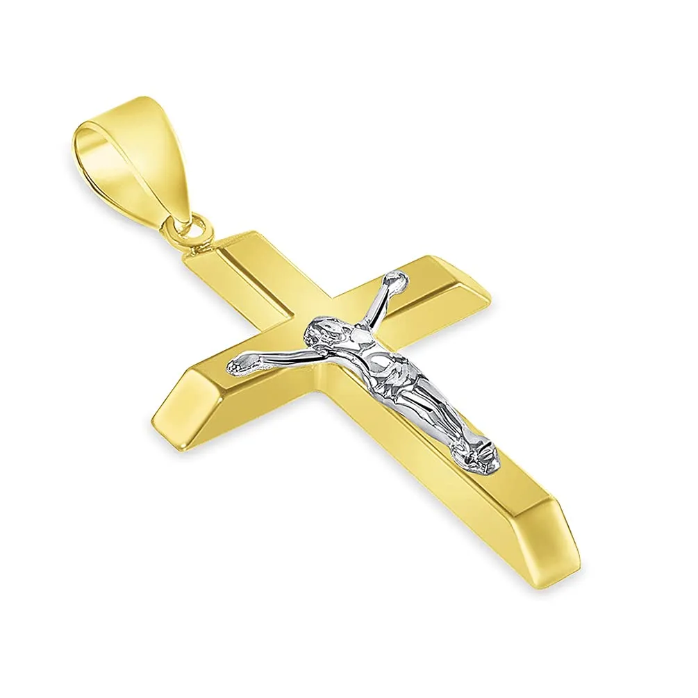 14k Two-Tone Gold 3D Catholic Christian Crucifix Slanted-Edge Cross Pendant with Figaro Chain Necklace