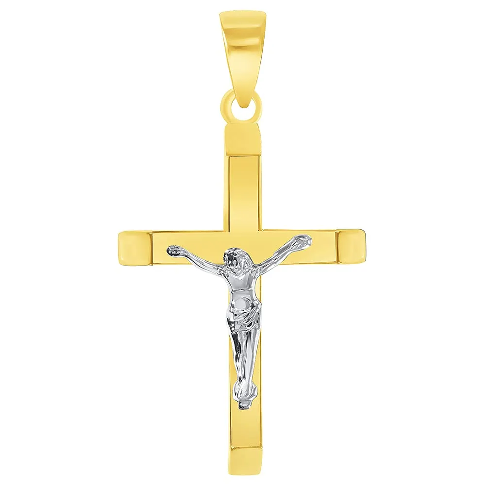 14k Two-Tone Gold 3D Catholic Christian Crucifix Slanted-Edge Cross Pendant with Figaro Chain Necklace