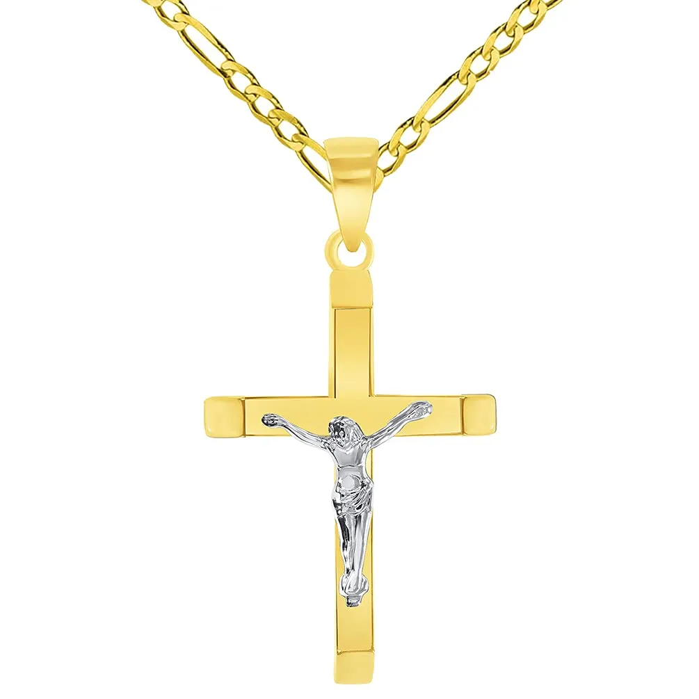 14k Two-Tone Gold 3D Catholic Christian Crucifix Slanted-Edge Cross Pendant with Figaro Chain Necklace
