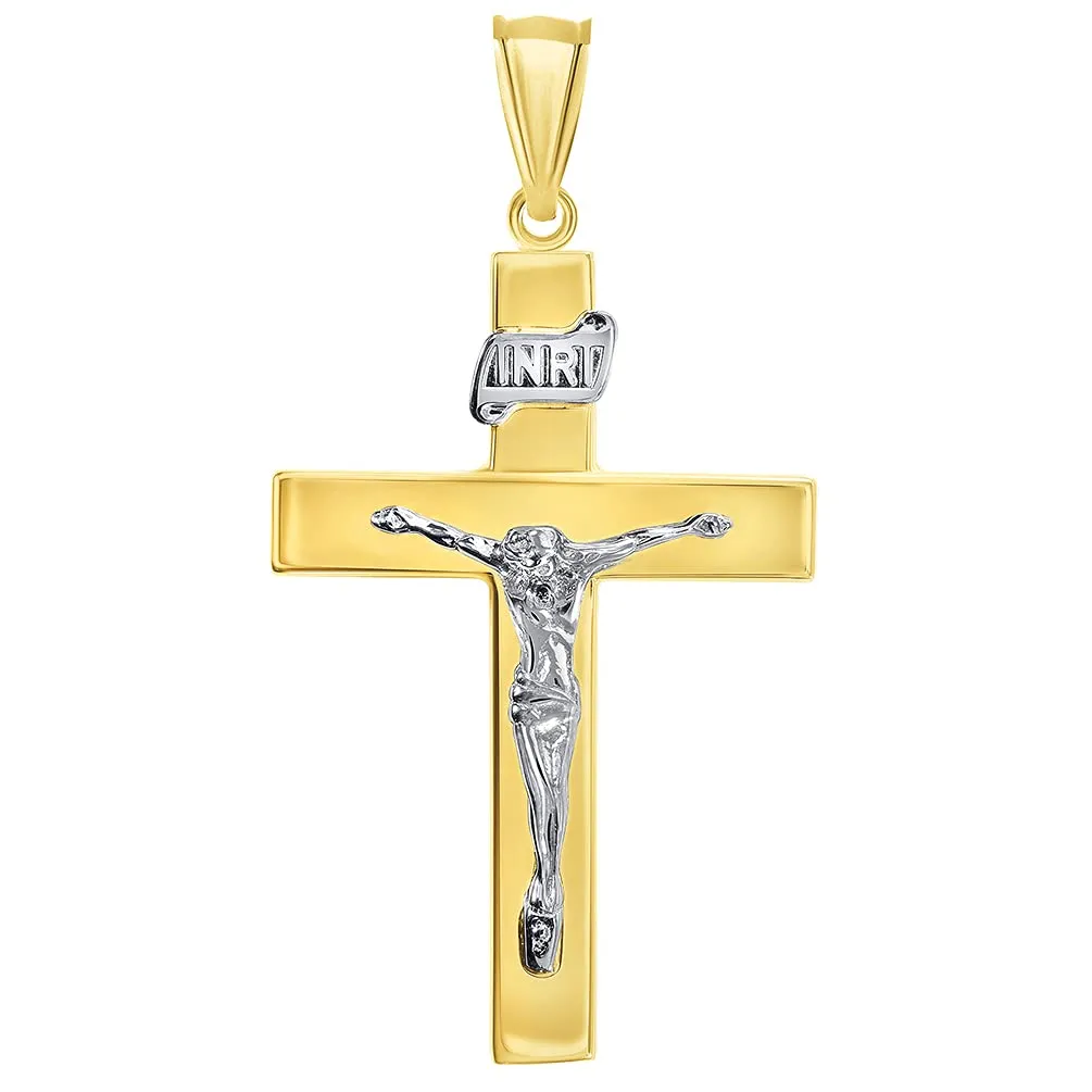 14k Two-Tone Gold 4mm Thick INRI Tubular Crucifix Roman Catholic Cross Pendant with Cuban Chain Curb Necklace
