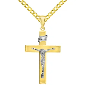 14k Two-Tone Gold 4mm Thick INRI Tubular Crucifix Roman Catholic Cross Pendant with Cuban Chain Curb Necklace