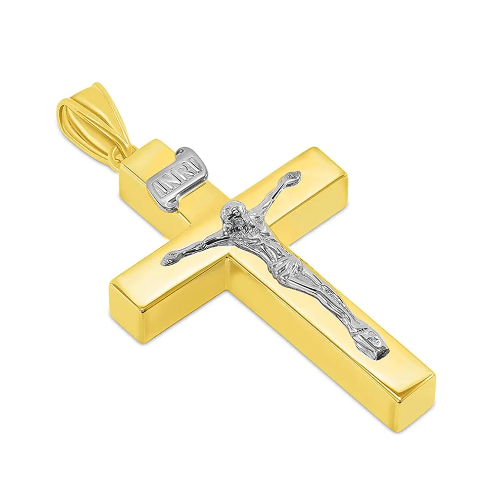 14k Two-Tone Gold 4mm Thick INRI Tubular Crucifix Roman Catholic Cross Pendant with Cuban Chain Curb Necklace