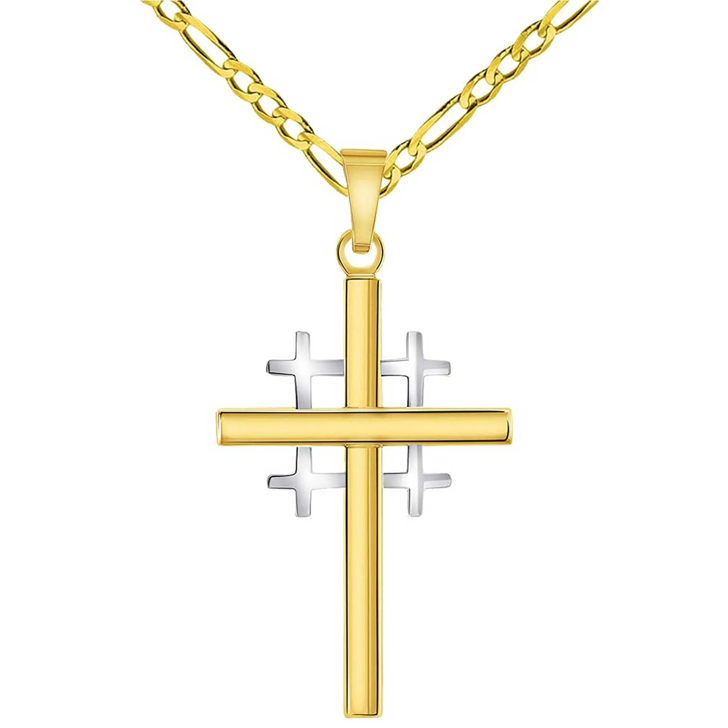 14k Two-Tone Gold Religious Crusaders Jerusalem Latin Plain Cross Pendant With Cable, Curb or Figaro Chain Necklace