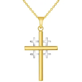 14k Two-Tone Gold Religious Crusaders Jerusalem Latin Plain Cross Pendant With Cable, Curb or Figaro Chain Necklace