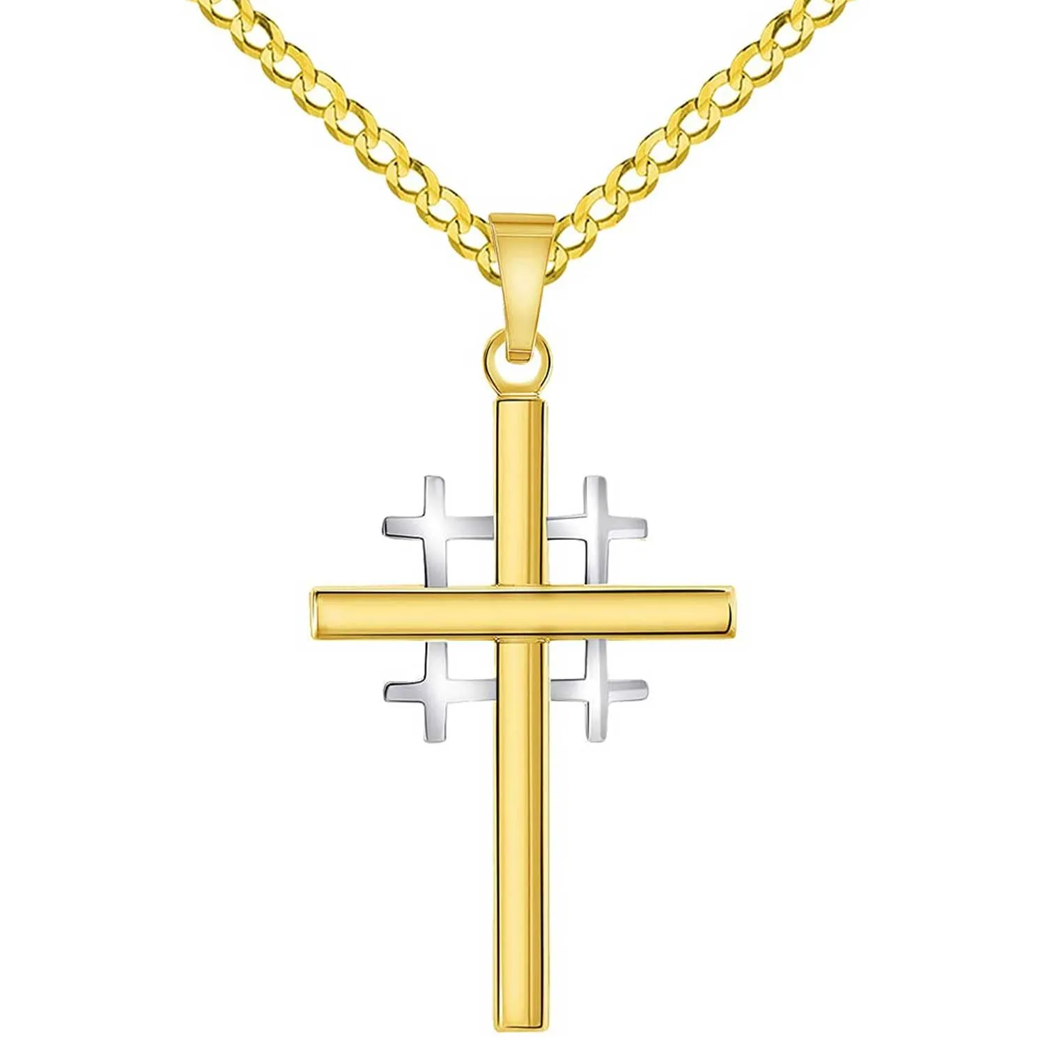 14k Two-Tone Gold Religious Crusaders Jerusalem Latin Plain Cross Pendant With Cable, Curb or Figaro Chain Necklace