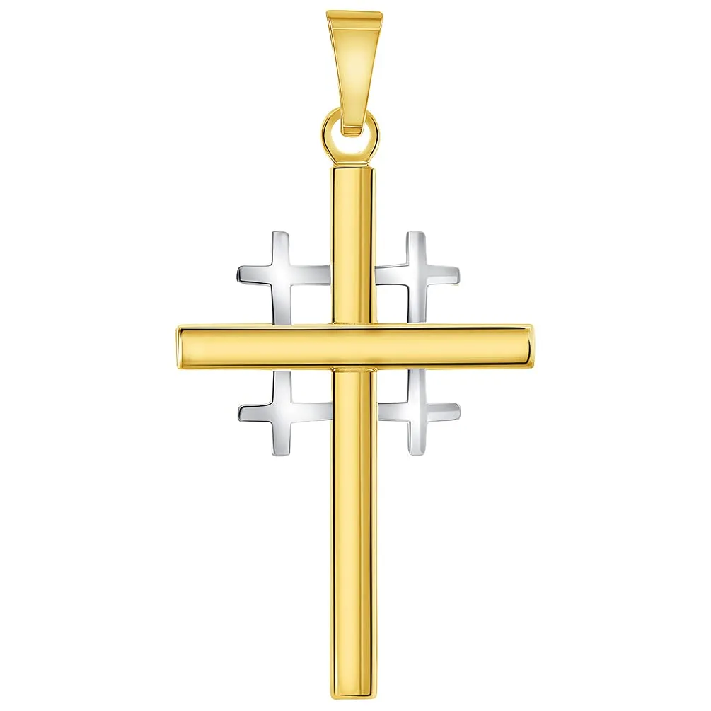 14k Two-Tone Gold Religious Crusaders Jerusalem Latin Plain Cross Pendant With Cable, Curb or Figaro Chain Necklace