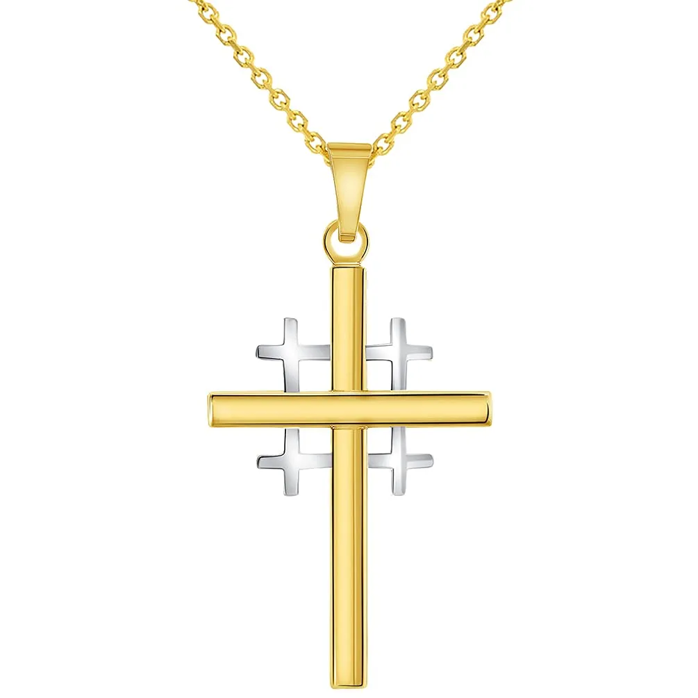 14k Two-Tone Gold Religious Crusaders Jerusalem Latin Plain Cross Pendant With Cable, Curb or Figaro Chain Necklace