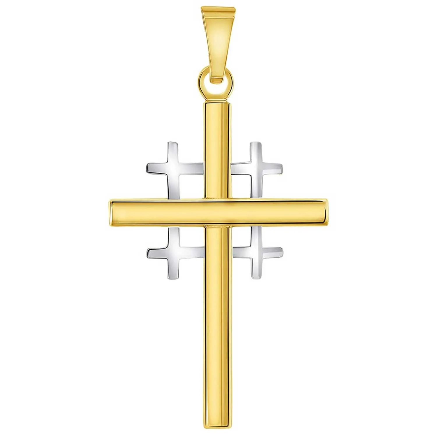 14k Two-Tone Gold Religious Crusaders Jerusalem Latin Plain Cross Pendant With Cable, Curb or Figaro Chain Necklace