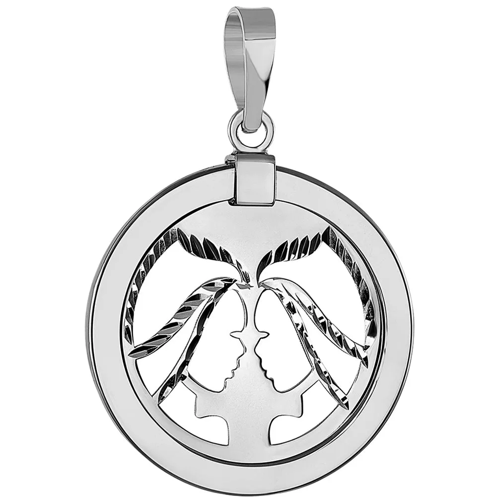 14k White Gold Round Gemini Twins Zodiac Sign Medallion Pendant (Reversible)