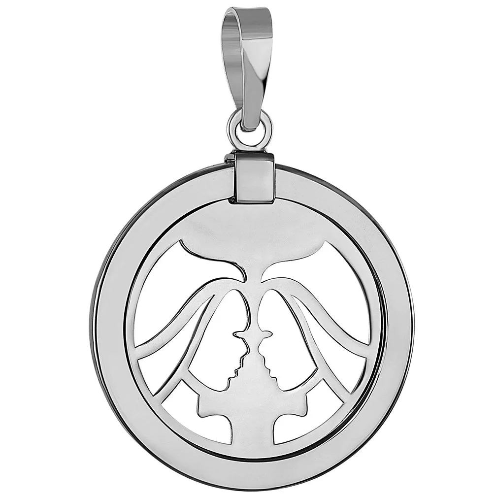 14k White Gold Round Gemini Twins Zodiac Sign Medallion Pendant (Reversible)