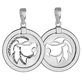 14k White Gold Round Leo Zodiac Sign Lion Animal Medallion Pendant (Reversible)