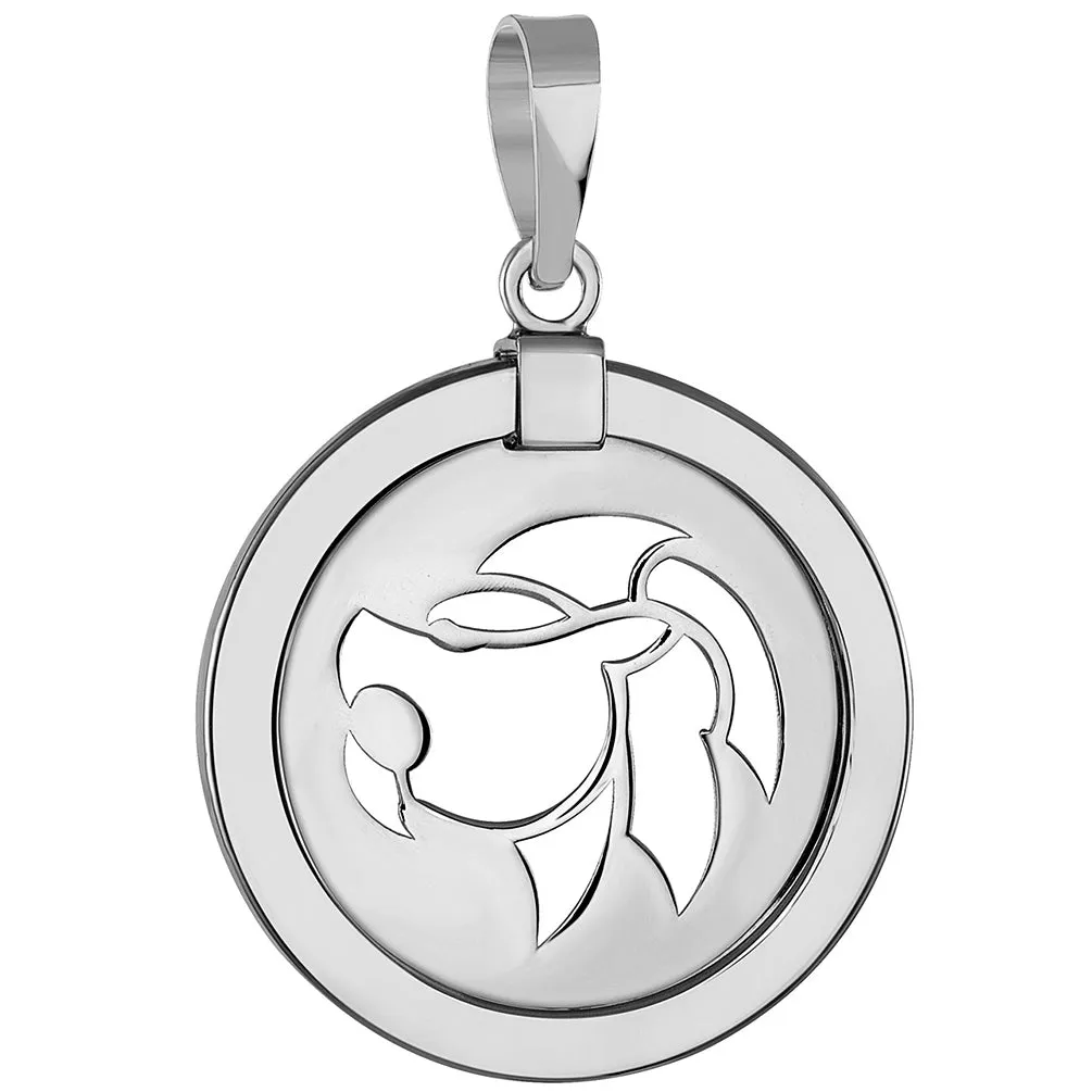 14k White Gold Round Leo Zodiac Sign Lion Animal Medallion Pendant (Reversible)