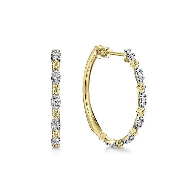 14K Yellow Gold 30mm Diamond Station Classic Hoop Earrings