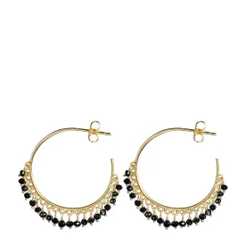 18K Gold Medium Fine Black Diamond Beaded Hoop Earrings