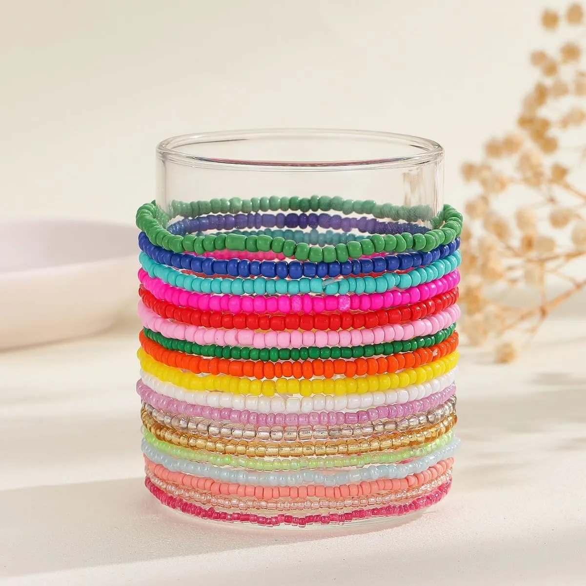 18Pcs Colorful Bohemia Seed Beaded Bracelets Handmade Adjustable Stackable Rainbow Beaded Stretch Bracelet Anket Multilayer Vaction Elastic Bracelet for Women Summer Beach Boho Jewelry Gifts