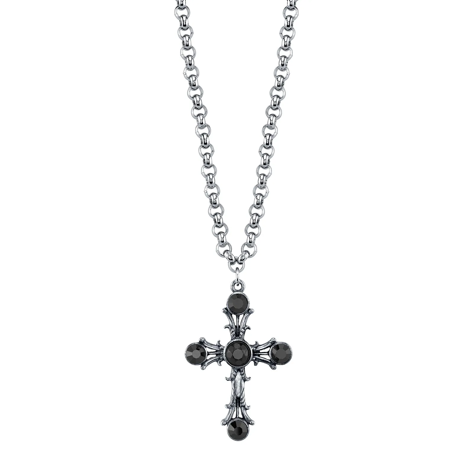 1928 Jewelry Black Stone Cross Pendant Necklace 16"   3" Extender