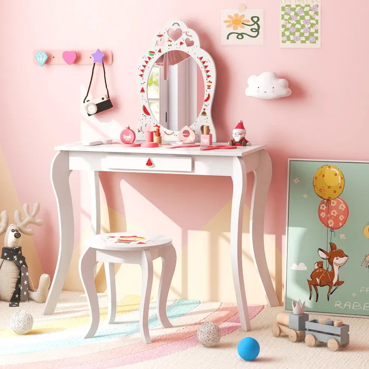 2 in 1 Children Pretend Makeup Vanity Set with Removable Mirror and Storage Drawer