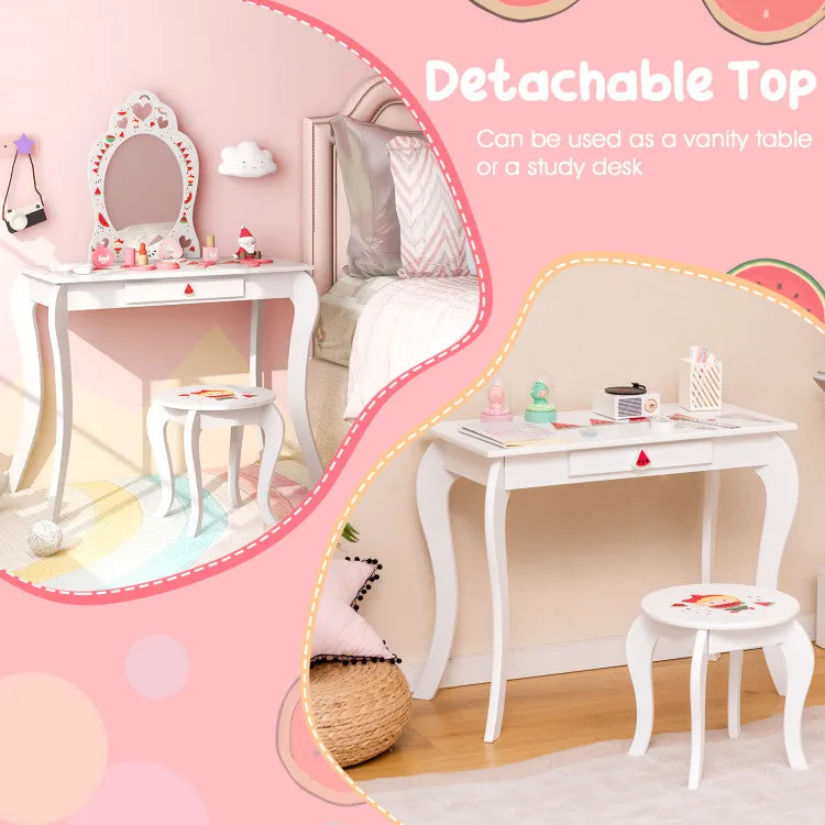2 in 1 Children Pretend Makeup Vanity Set with Removable Mirror and Storage Drawer