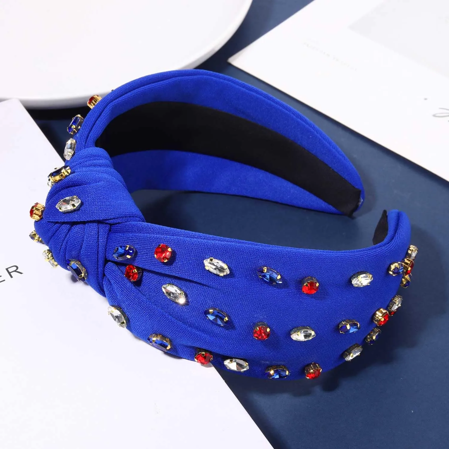 4th of July Headbands for Women, 4th of July Accessories, American Flag Patriotic Headband, Rhinestone Pearl Knotted Headband Beads Embellished Jeweled Headbands Holiday Gifts (Crystal Blue)