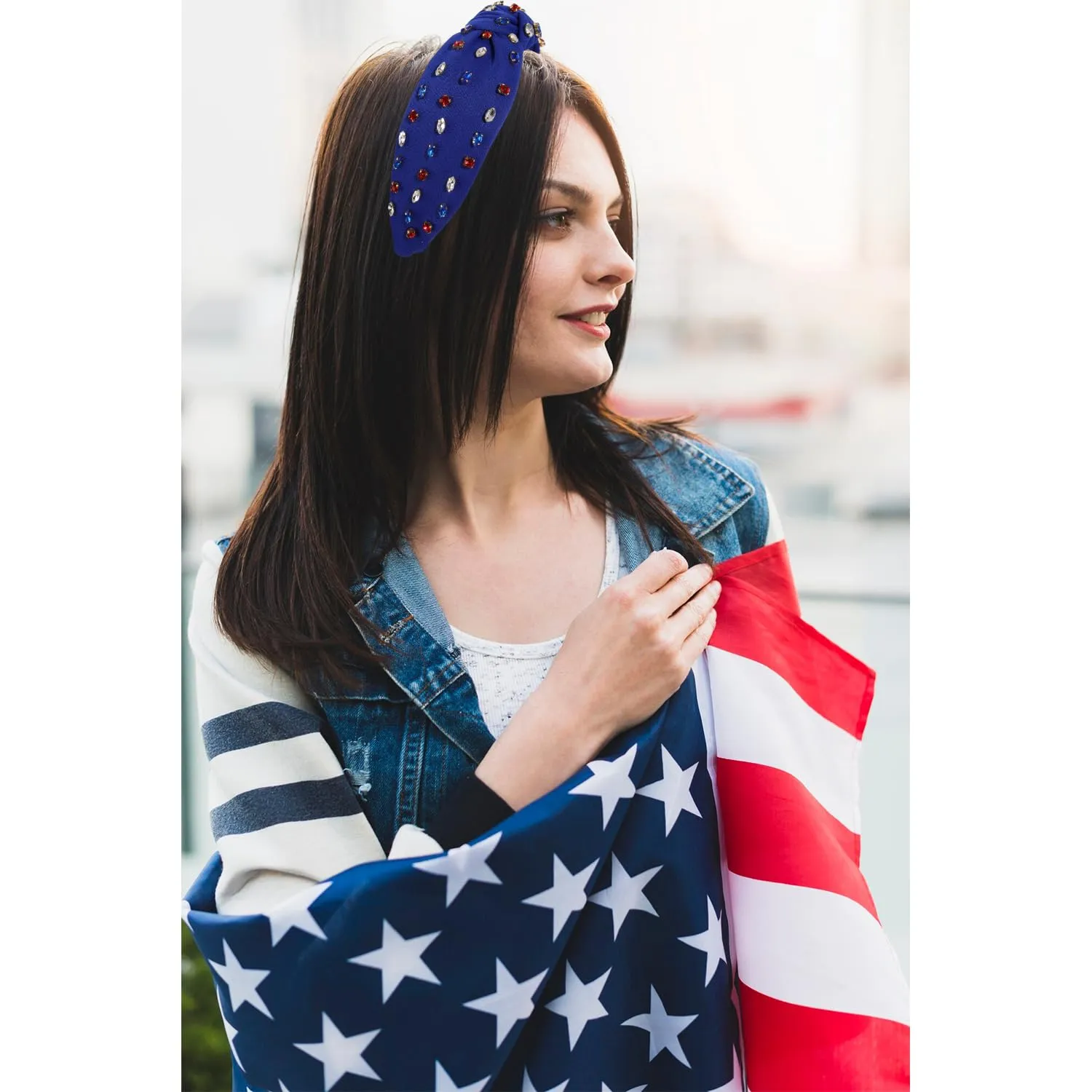 4th of July Headbands for Women, 4th of July Accessories, American Flag Patriotic Headband, Rhinestone Pearl Knotted Headband Beads Embellished Jeweled Headbands Holiday Gifts (Crystal Blue)