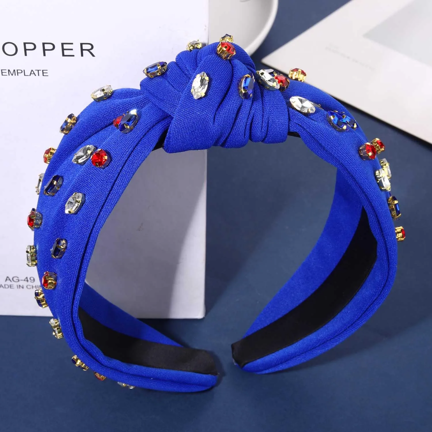 4th of July Headbands for Women, 4th of July Accessories, American Flag Patriotic Headband, Rhinestone Pearl Knotted Headband Beads Embellished Jeweled Headbands Holiday Gifts (Crystal Blue)
