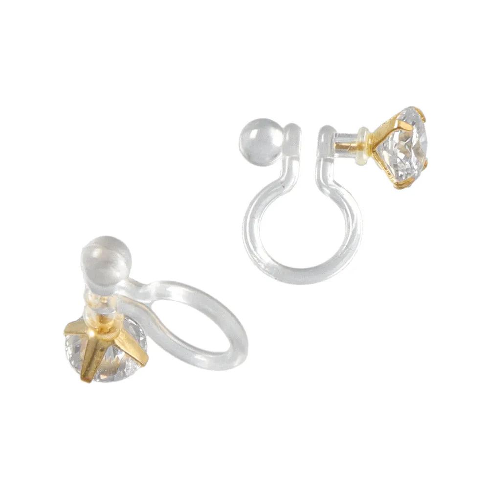 5mm Cubic Zirconia One Stone Invisible Clip On Earrings