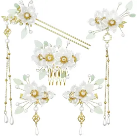 5PCS Camellia Flower Tassels Hairpin Chinese Hair Stick Crystal Rhinestone Pearl Hair Clips Hanfu Hair Pins Vintage Retro Classical Floral Headpiece Wedding Hair Styling Accessories for Women Girls