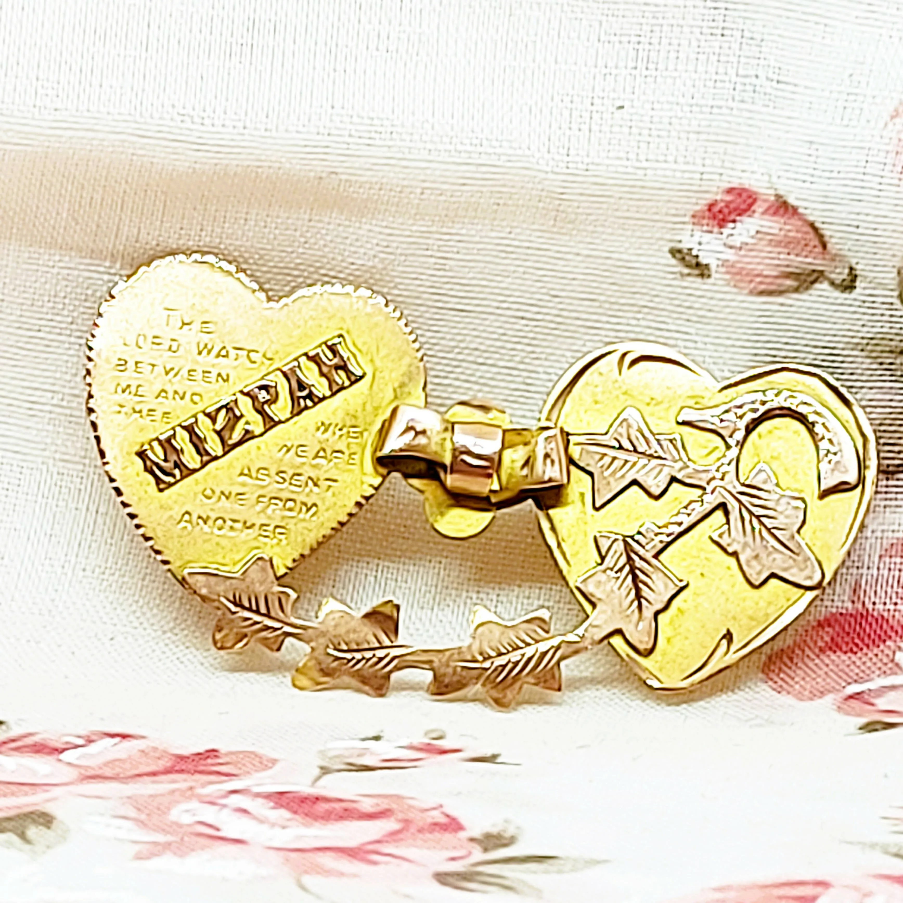 9ct Gold Victorian 'Mizpah' Love Brooch - Two Hearts Joined