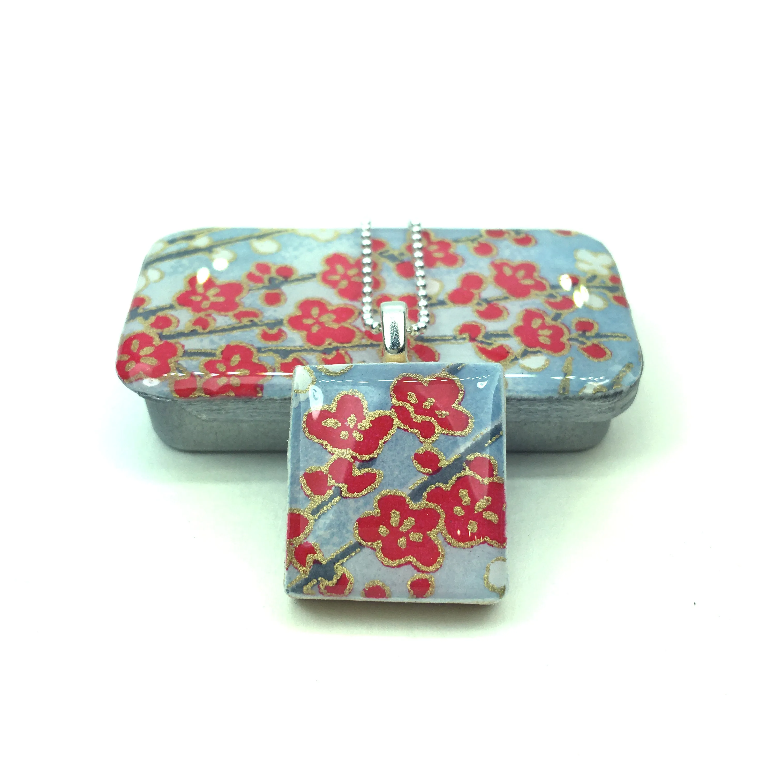 A Scrabble Tile Pendant and Teeny Tiny Tin Sky Blue Blossom