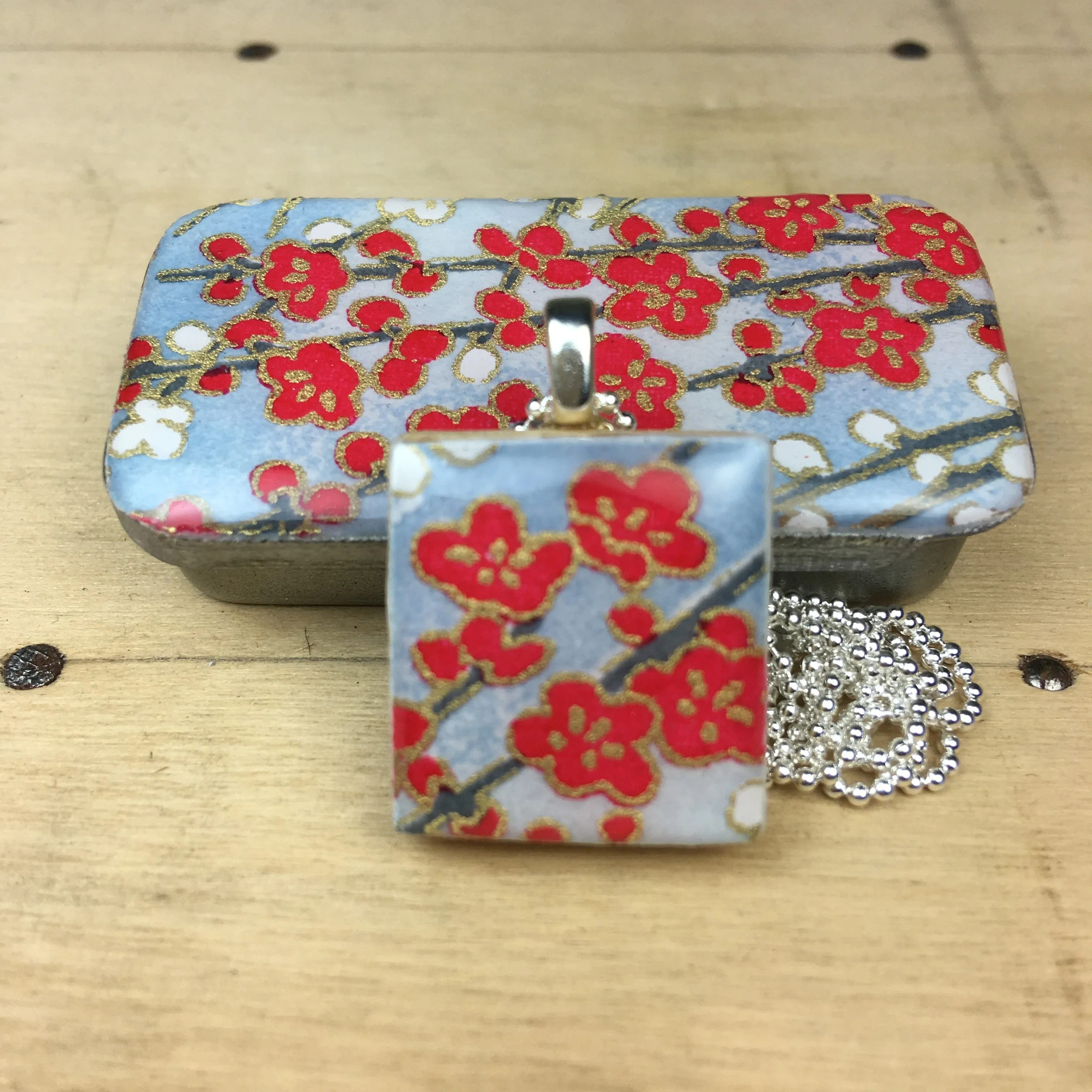 A Scrabble Tile Pendant and Teeny Tiny Tin Sky Blue Blossom