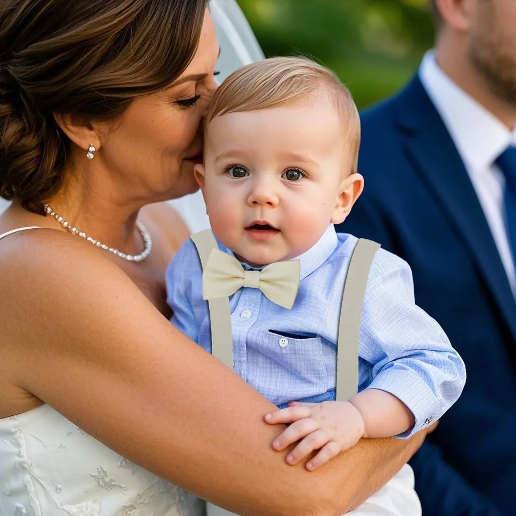 Adjustable Baby Boy Suspenders and Bow Tie, Pre-tied Kids Bowtie and Elastic Suspenders with 4 Strong Metal Clips