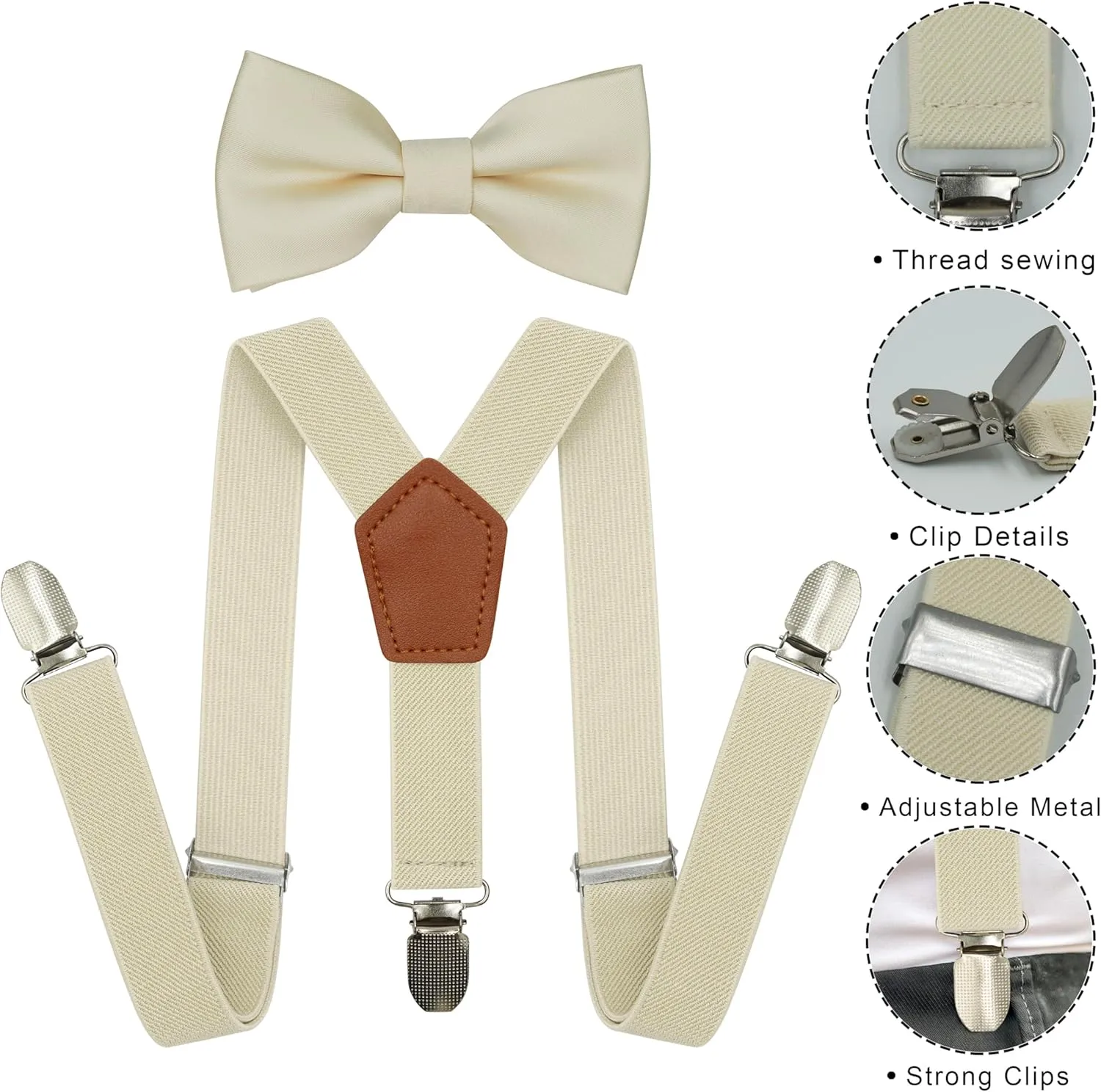 Adjustable Baby Boy Suspenders and Bow Tie, Pre-tied Kids Bowtie and Elastic Suspenders with 4 Strong Metal Clips