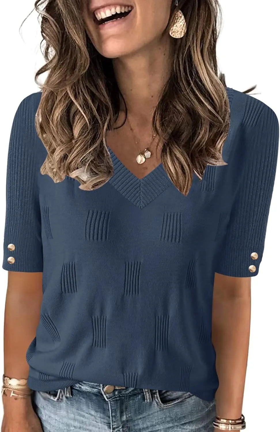 AKEWEI Womens V Neck Sweater Short Sleeve Lightweight Knit Spring Summer Tops with Decorative Buttons