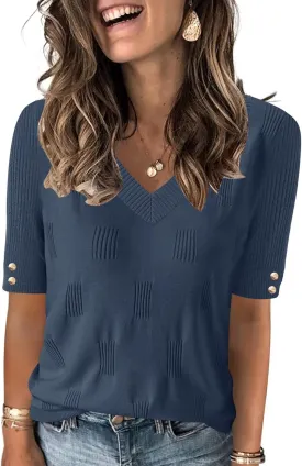 AKEWEI Womens V Neck Sweater Short Sleeve Lightweight Knit Spring Summer Tops with Decorative Buttons