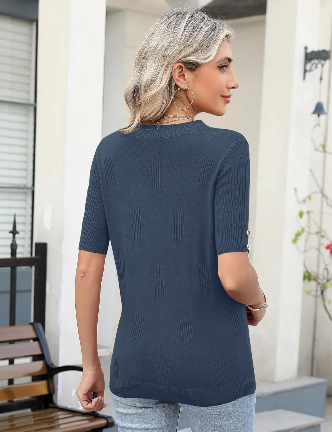 AKEWEI Womens V Neck Sweater Short Sleeve Lightweight Knit Spring Summer Tops with Decorative Buttons