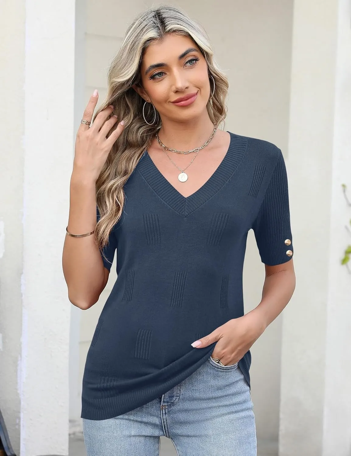 AKEWEI Womens V Neck Sweater Short Sleeve Lightweight Knit Spring Summer Tops with Decorative Buttons