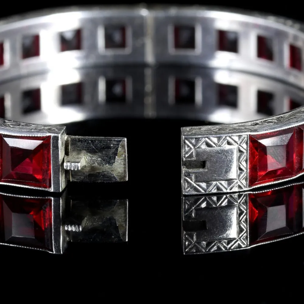 Antique Art Deco Red Paste Silver Bangle Circa 1930