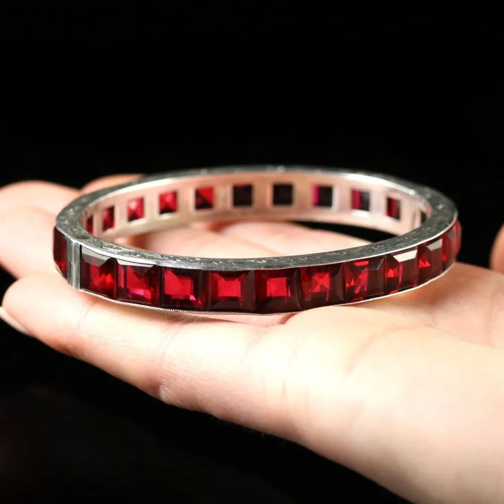 Antique Art Deco Red Paste Silver Bangle Circa 1930