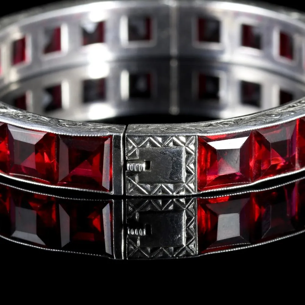 Antique Art Deco Red Paste Silver Bangle Circa 1930