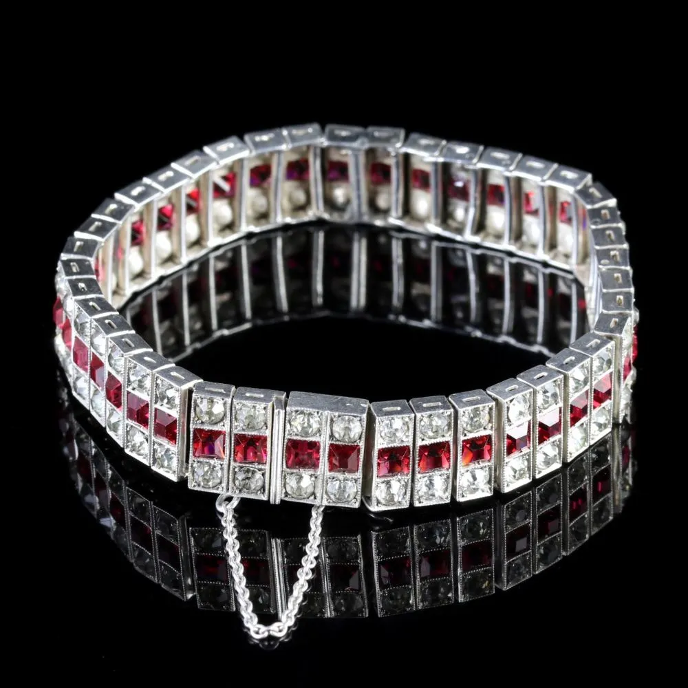 Antique Art Deco Ruby Paste Silver Bracelet Circa 1920