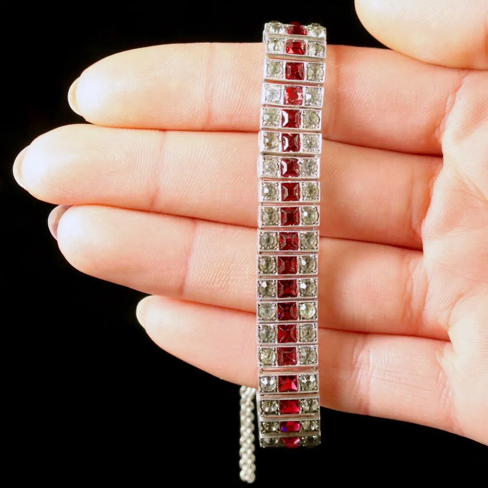 Antique Art Deco Ruby Paste Silver Bracelet Circa 1920